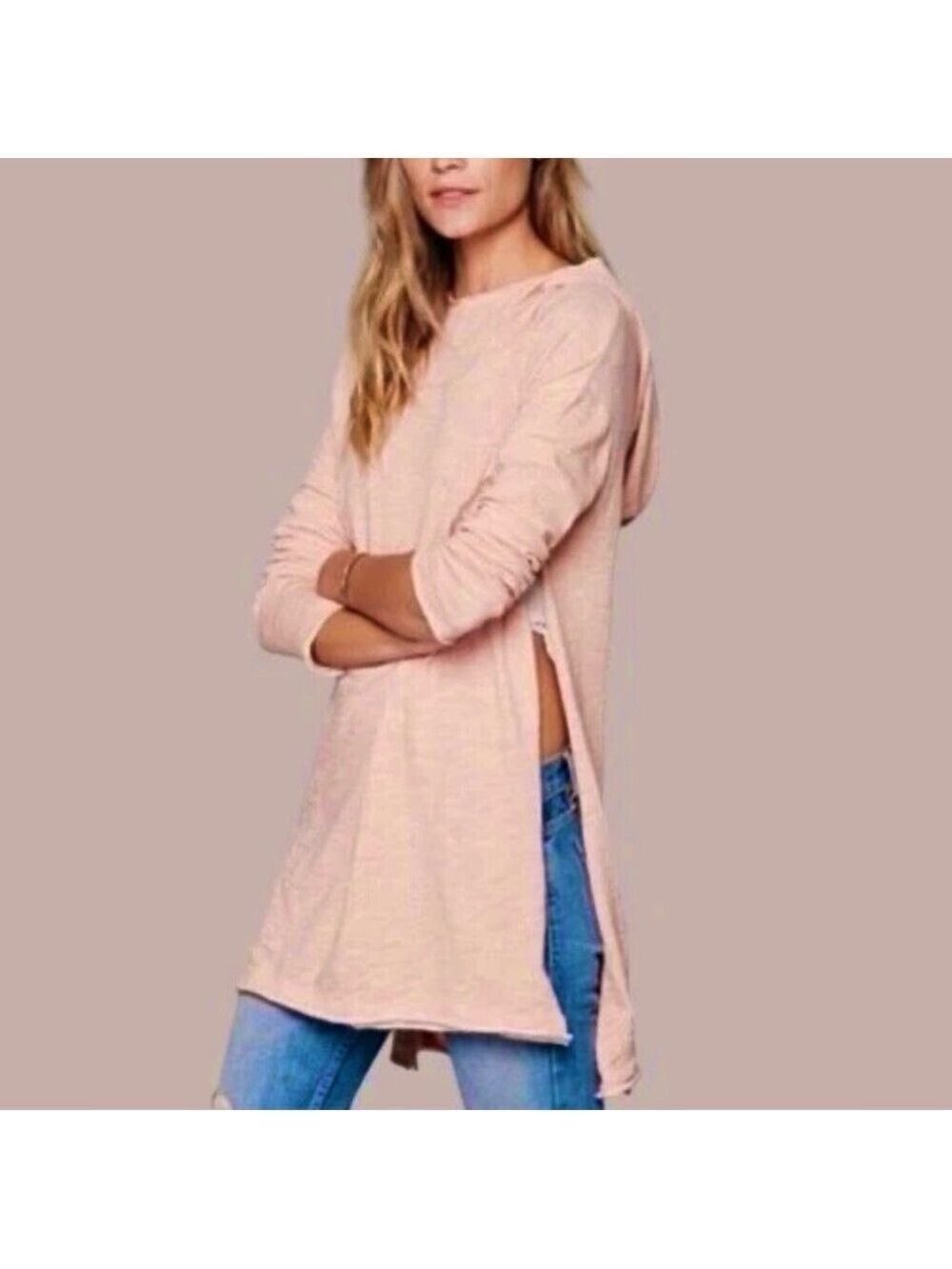 Free People Beach Relaxed Oversized Long Hooded Sweatshirt Swim Cover Pink OS